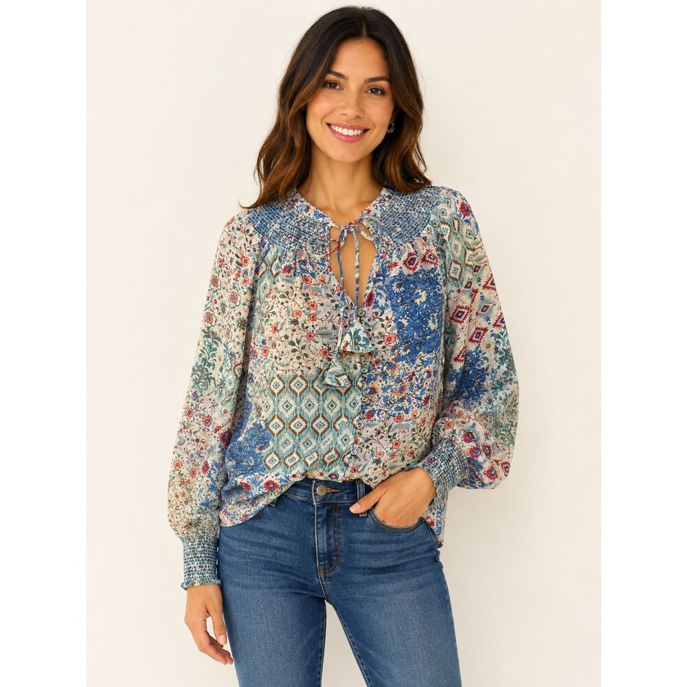 Haver & Blair London Women's Smocked Peasant Blouse Sz M Floral Boho Cottagecore
